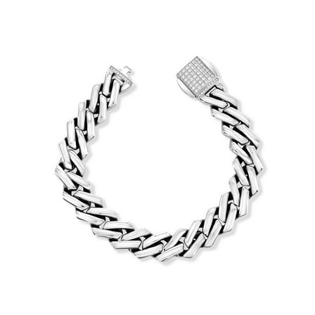 Beaux Bijoux Stainless Steel Men's 13mm Monaco Link Chain Bracelet - Simulated Diamond CZ Lock Bracelet - Fine Jewelry for Him