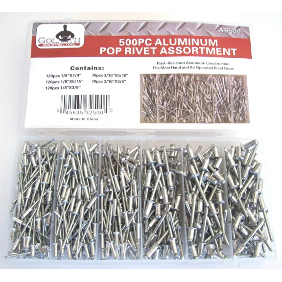 500Pc Goliath Industrial Aluminum Pop Rivet Assortment For Hand/Air Riveter Gun