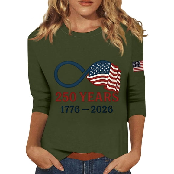 Women's T-Shirts America 250 Patriotic Flag Graphic Crew Neck 3/4 Sleeve Anniversary Top