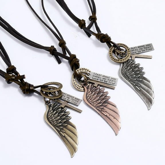 Eosunjian Men Necklace Vintage Adjustable Punk Style Rope Chain All Match Decoration Faux Cowhide Angel Wing Charm Pendant Necklace Jewelry for Daily Wear Red Bronze