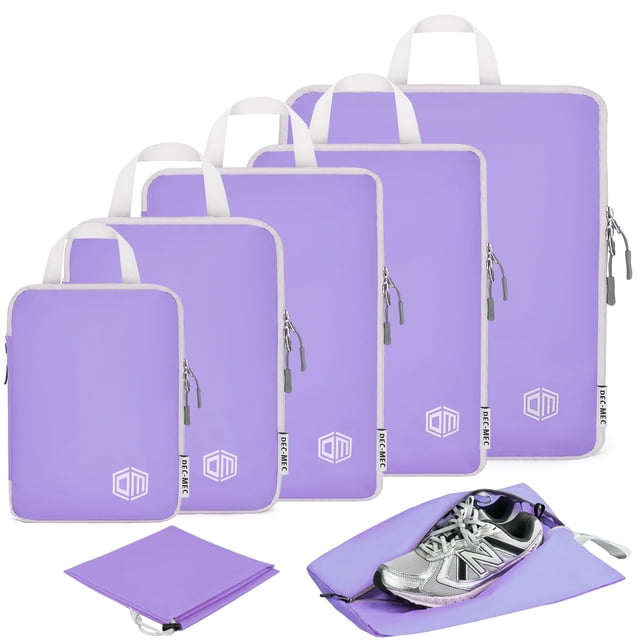 Dec-Mec 7Set Ultralight Nylon Compression Packing Cubes Expandable Packing Organizers for Carry on suitcase,Compression Cubes with Shoe Bag for Travel Accessories Luggage(purple)…