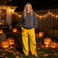 thumbnail image 2 of Hearthz Thanksgiving Fleece Pajama Fall Maple Leaf Print Wide Leg Pj Bottoms for Women Elastic Drawstring High Waist Sleeping Pants Women Flannel Pajama Pants, 2 of 6