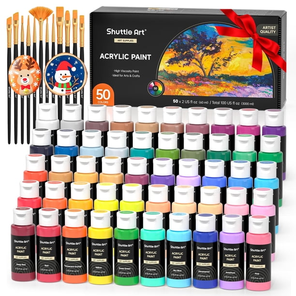 Pintura acrílica Shuttle Art, set de 50 colores, frascos de 60 ml (2 oz), pigmentos intensos, resistente al agua, premium para artistas, principiantes y niños sobre lienzo, rocas, madera, cerámica y t
