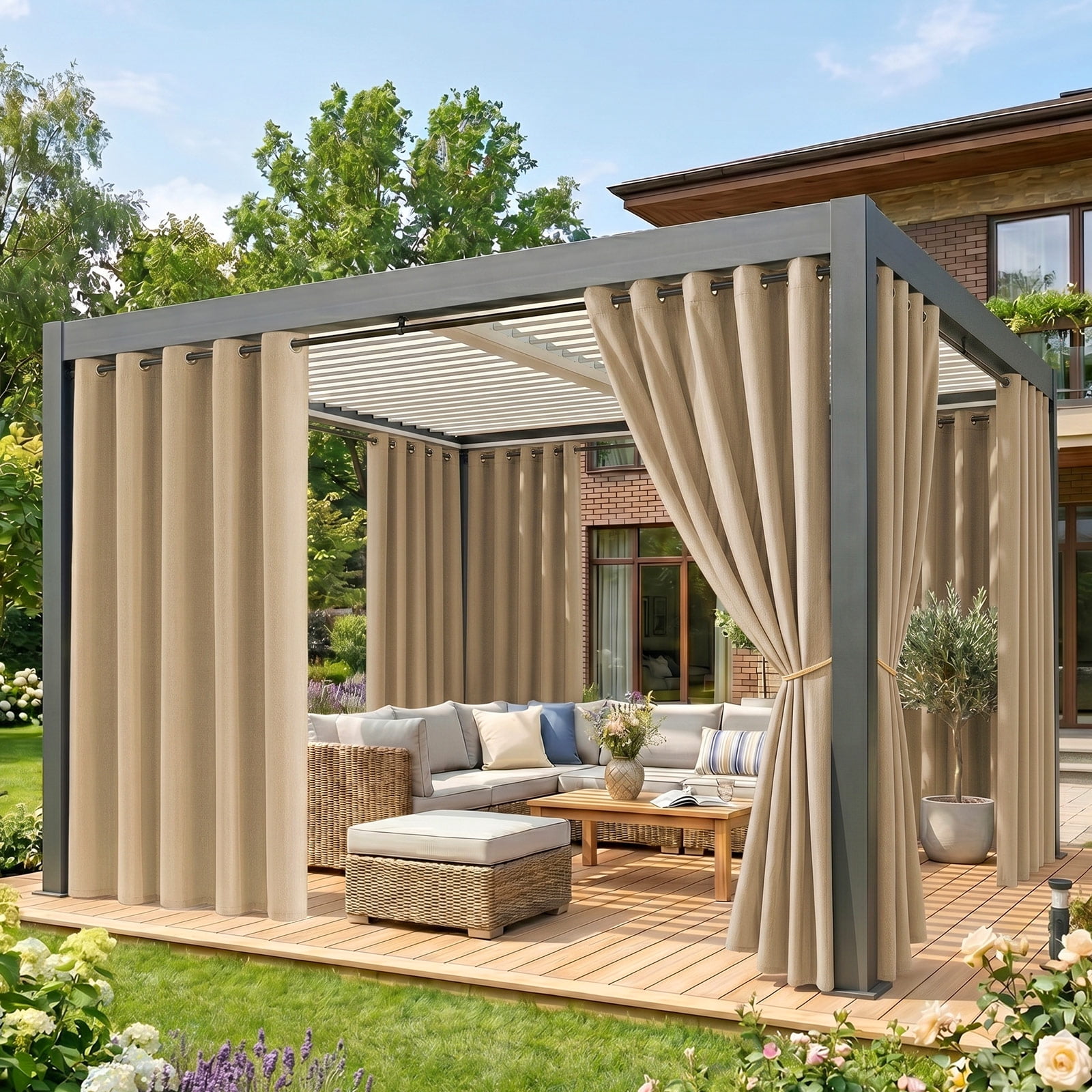 Lapalife Outdoor Curtains for Patio Waterproof W71xL108, Blackout Weighted Outside Curtains Weatherproof UV Resistant Privacy for Porch, Pergola, Beige, 1 Panel