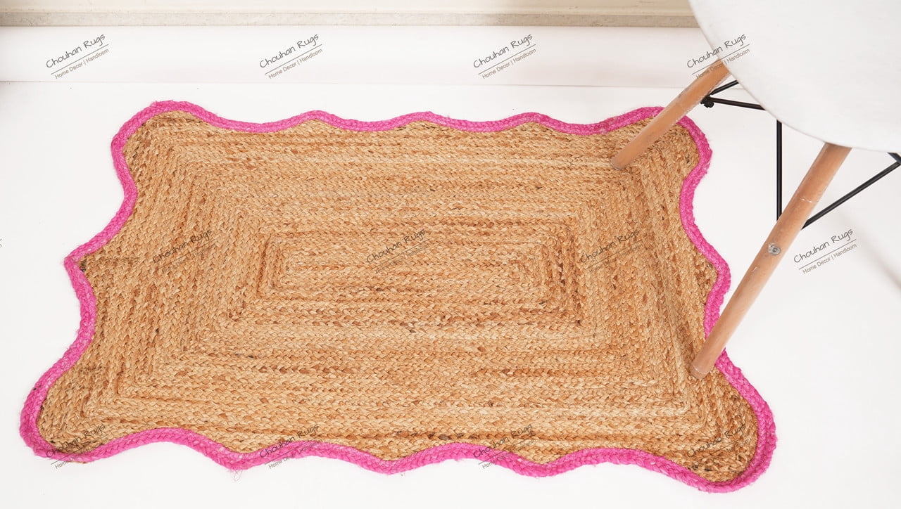Rectangle Rug Natural Jute Rug Hand Braided Beige and Pink Color Rounding Line Area Rug