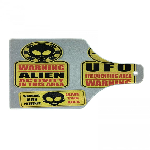 Outer Space Cutting Board, Warning Alien Ufo Sign Face of Martian Creature Danger Horror Theme Print, Tempered Glass Cutting and Serving Board, Wine Bottle Shape, Black Yellow, by Ambesonne