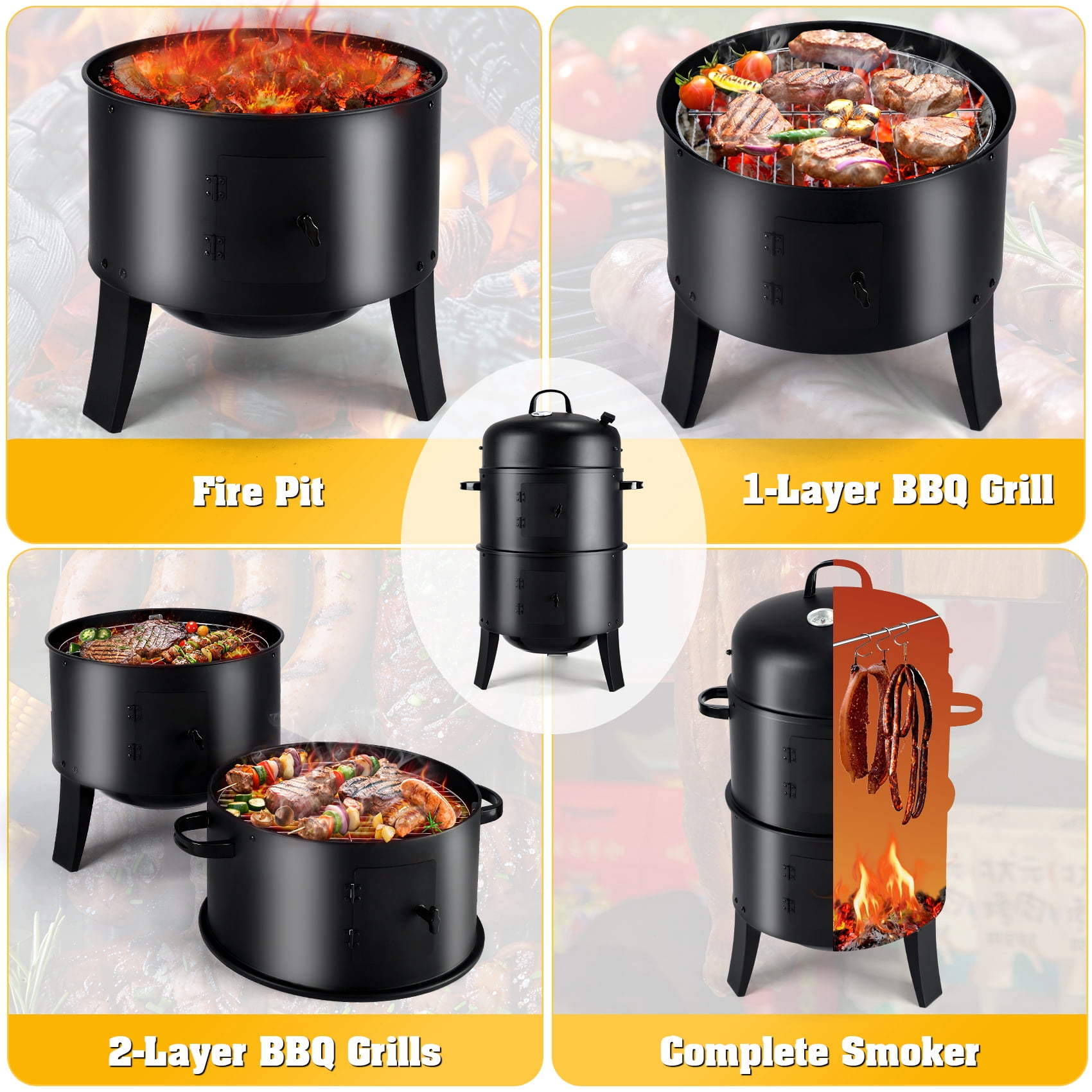 TCFUNDY Portable Charcoal Smoker Grills, 3-in-1 Outdoor BBQ Grill Smoker Cooking, Two-Layer Barbecue Grill Steel Meat Smoker