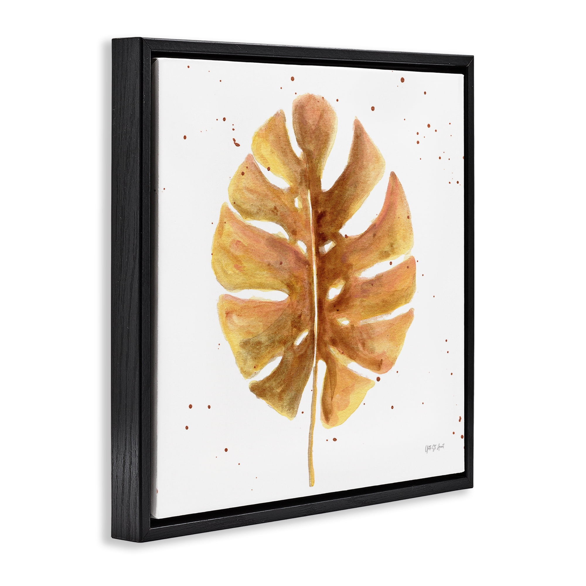 Stupell Industries Golden Palm Leaf Botanical & Floral Painting Black Floater Framed Art Print Wall Art, 25 x 25