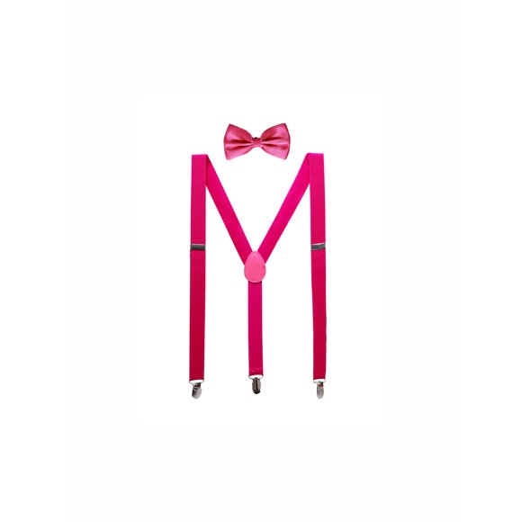 Unique Unisex's Elastic Y Shape Adjustable Bow Tie Set Shoulder Strap Suspenders Fuchsia