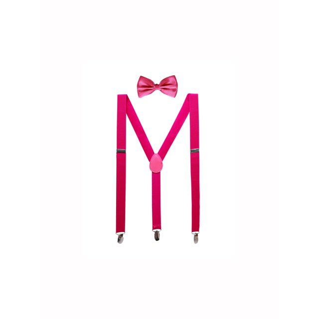 Unique Unisex's Elastic Y Shape Adjustable Bow Tie Set Shoulder Strap Suspenders Fuchsia