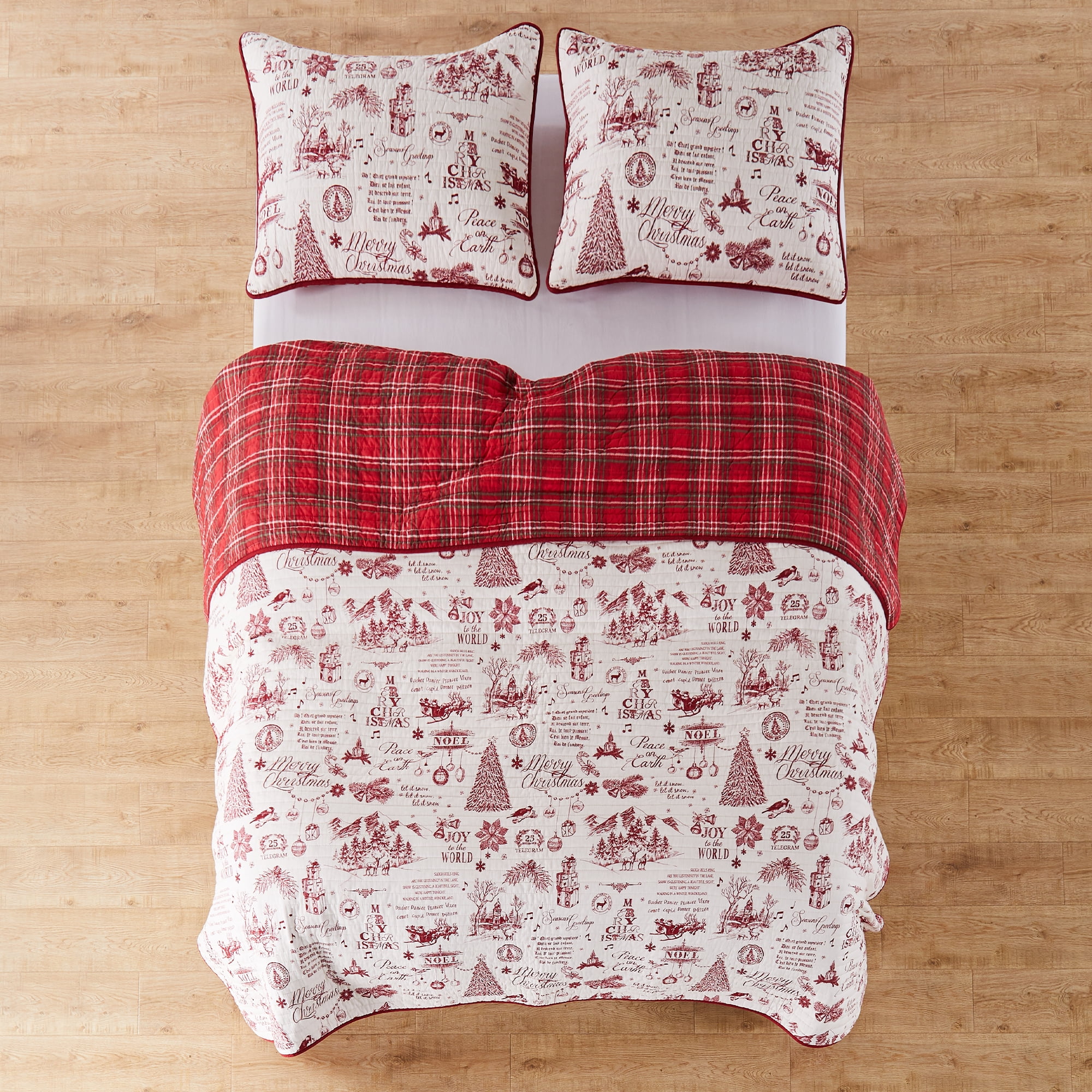 Levtex Home Yuletide Red Cream Christmas Holiday Script Cotton King Quilt - Reversible