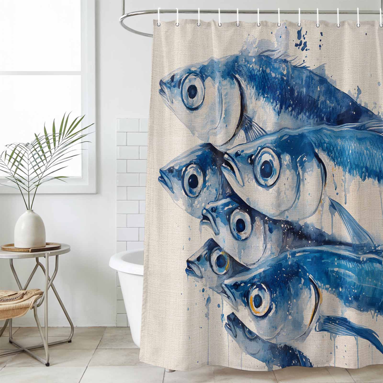 Shower Curtain Bathroom Set Watercolor Underwater Fish on Vintage Linen Waterproof Fabric Shower Curtains with Grommets&Hooks, Coastal Ocean Life Privacy Bath Curtain for Bathtub 72x72in