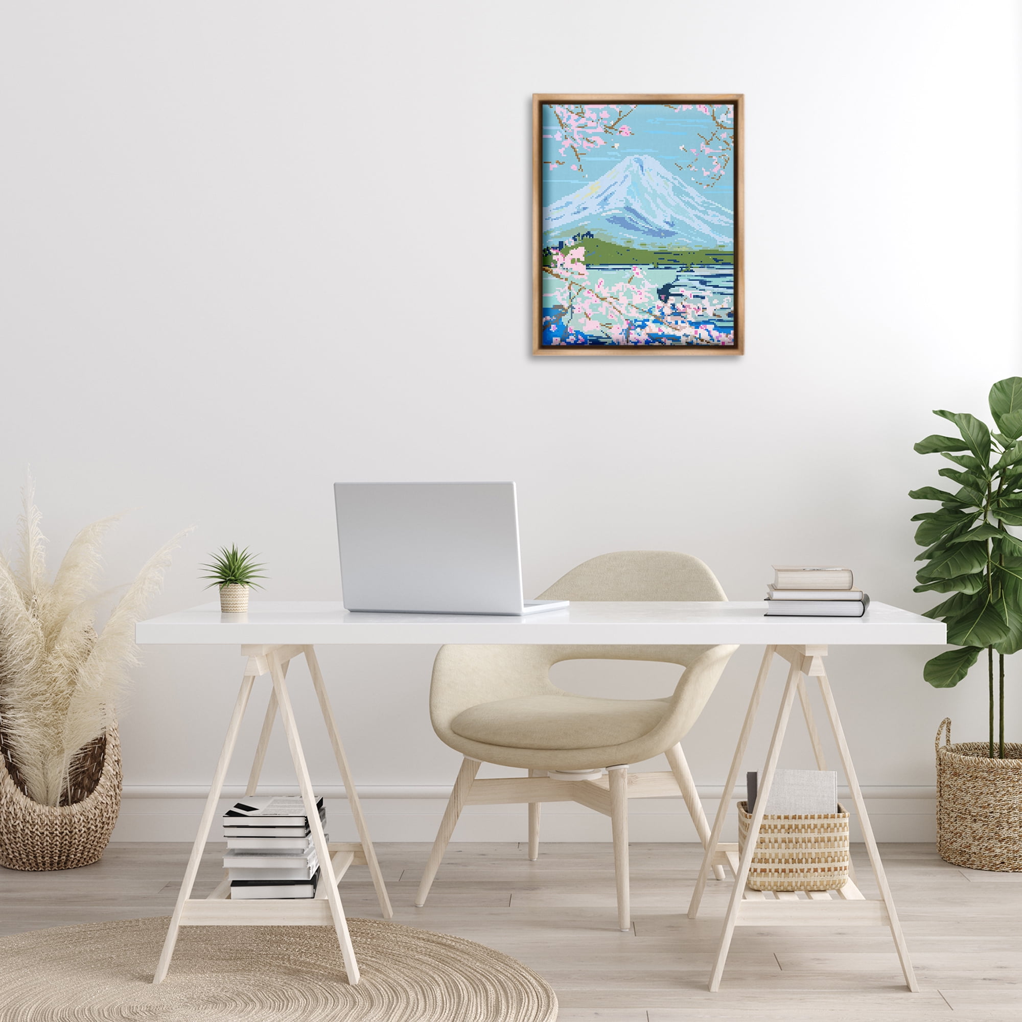Stupell Industries Pixel Mount Fuji Landscape Painting Brown Floater Framed Art Print Wall Art, 17 x 21