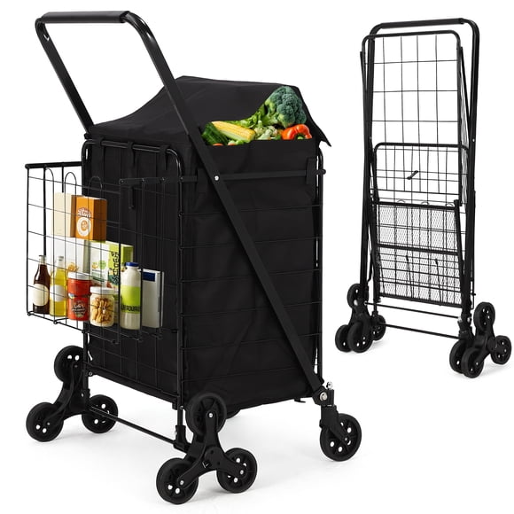 Stair Climbing Shopping Cart with Waterproof Basket Liner & 360° Rolling Swivel Wheels, Stair Climber Laundry Trolley with Rear Tri-Wheels, Folding Utility Cart, Move State Up to 135LBS