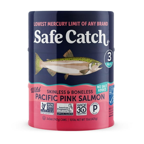Safe Catch Wild Skinless & Boneless Pacific Pink Salmon, No Salt Added, 3 Pack, 5 oz Cans – Mercury Tested Canned Salmon
