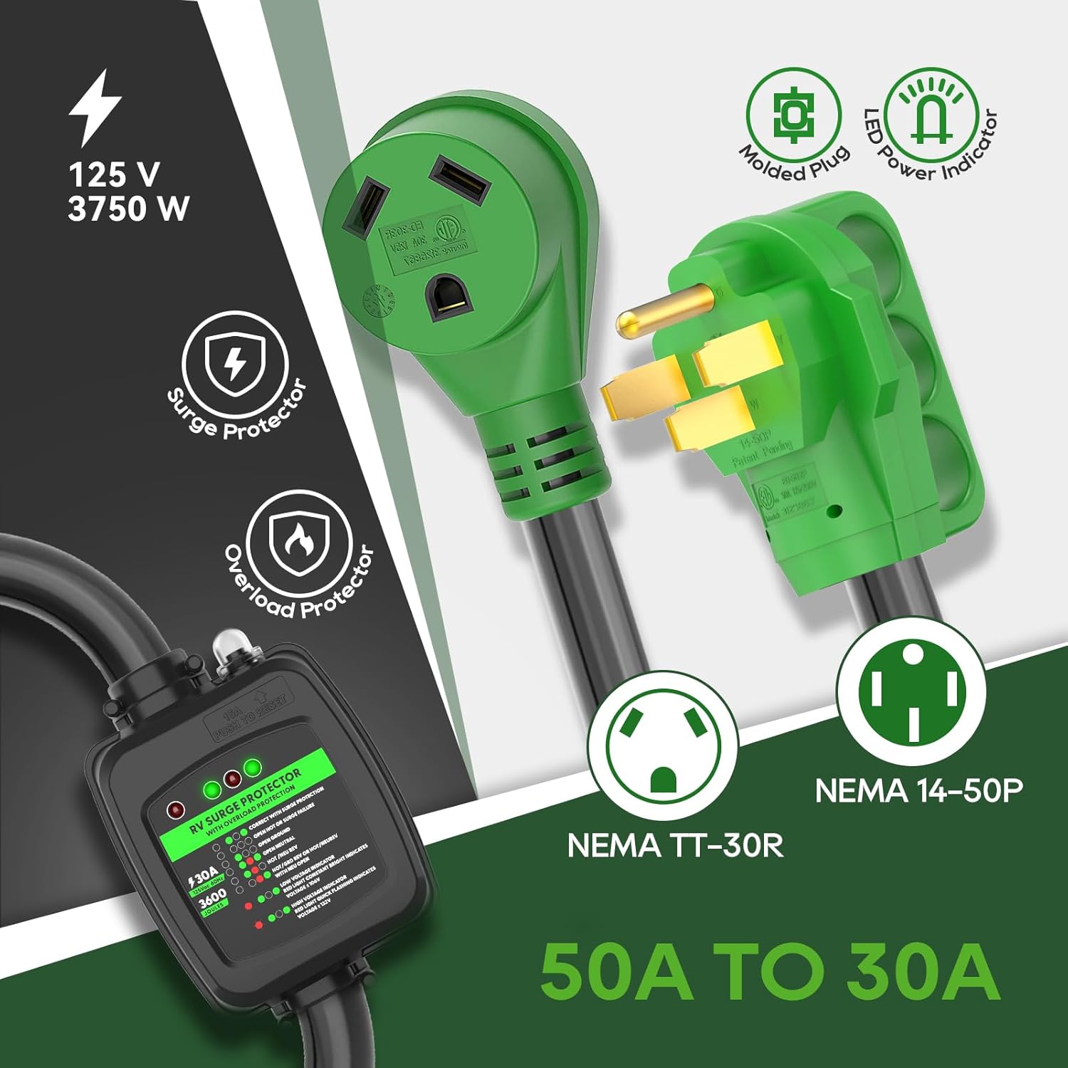 RVGUARD Surge Protector 50 Amp to 30 Amp RV Adapter Cord with Overload Protection, NEMA 14-50P to NEMA TT-30R Electrical Power Adapter, 2 Feet, Green, ETL Listed