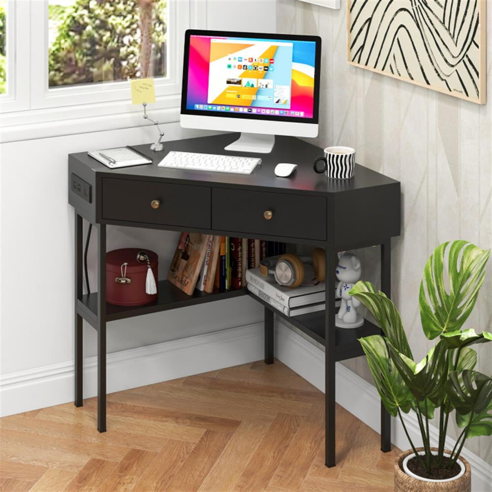 Demi Bonn Triangle Corner Desk with Charging Station with 2 Drawers and Storage Shelf, Small Home Office Desk Study Writing Table, Black