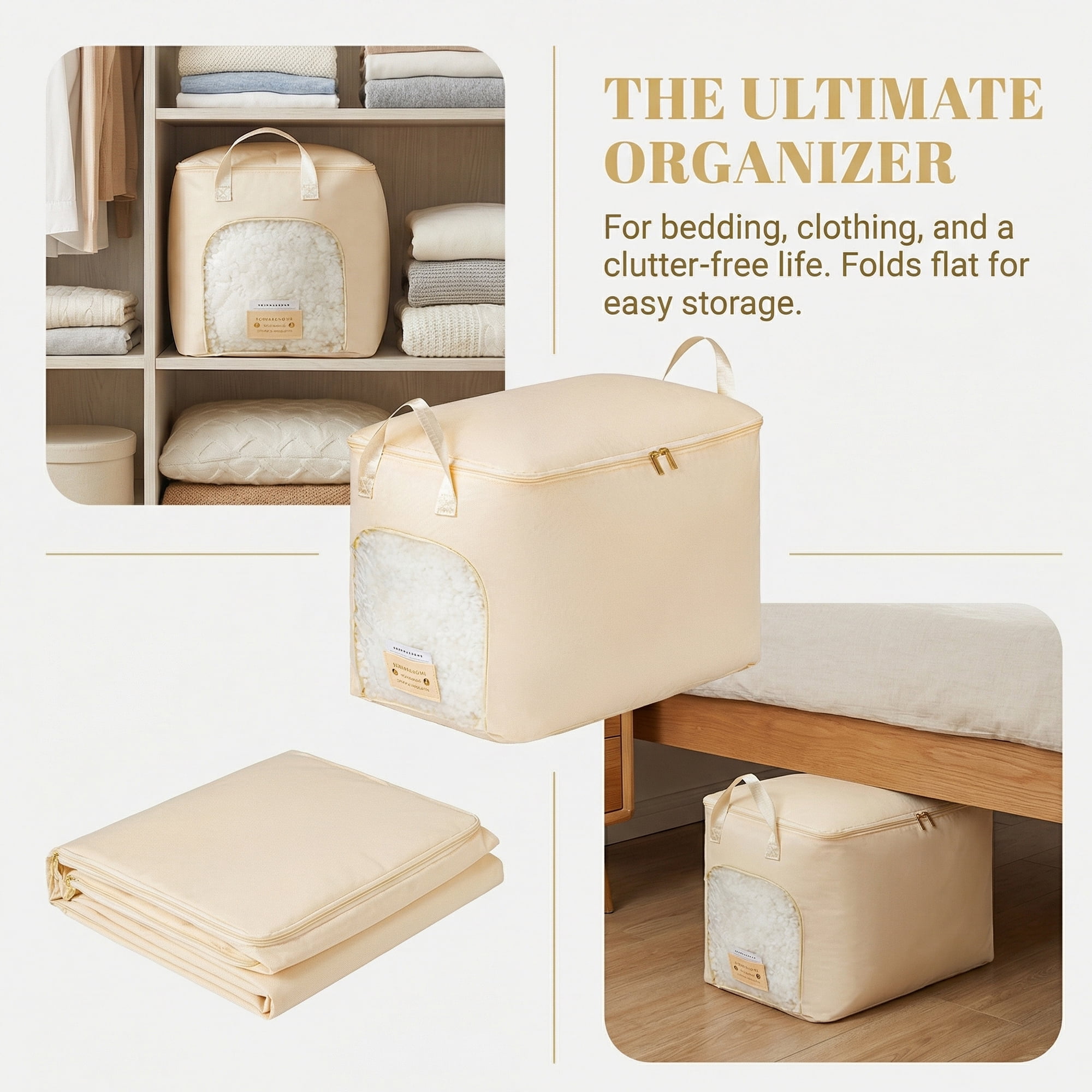 Unique Bargains Storage Bags with Handles for Organizing Bedroom Beige 11.8"x20.9"x13.8"