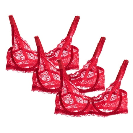 Huvoen Women s 3pc Lace Sheer Bra Unlined Minimizers Underwire Full Coverages Lingerie Bras Having Steel Rings Red s