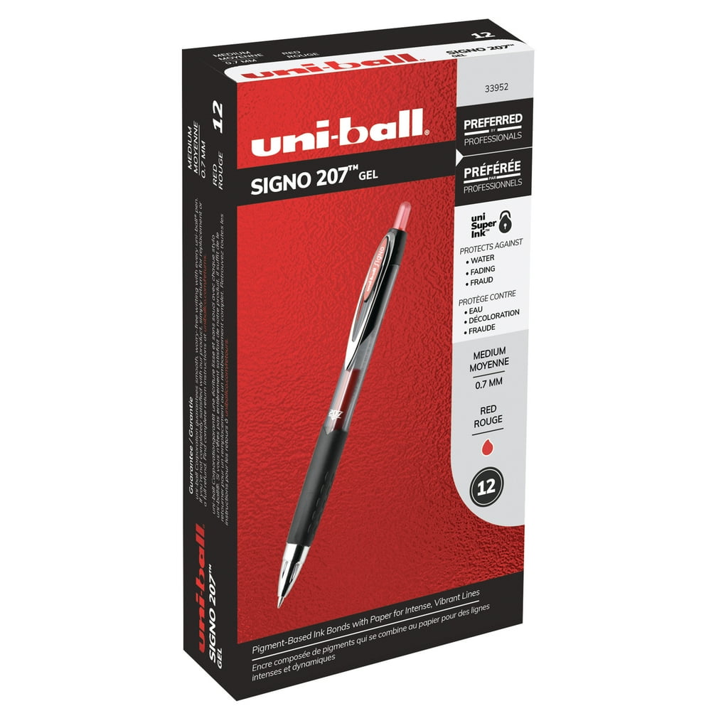 Uniball 207 Retractable Gel Pens, Medium Point (0.7 mm), Red, 12 Count