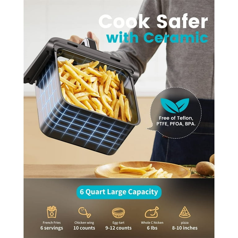 ecozy Air Fryer 6 Quart with Smart WiFi, See-Through Window, 11 Presets,  Dishwasher Safe - Black, Includes 100 Recipes