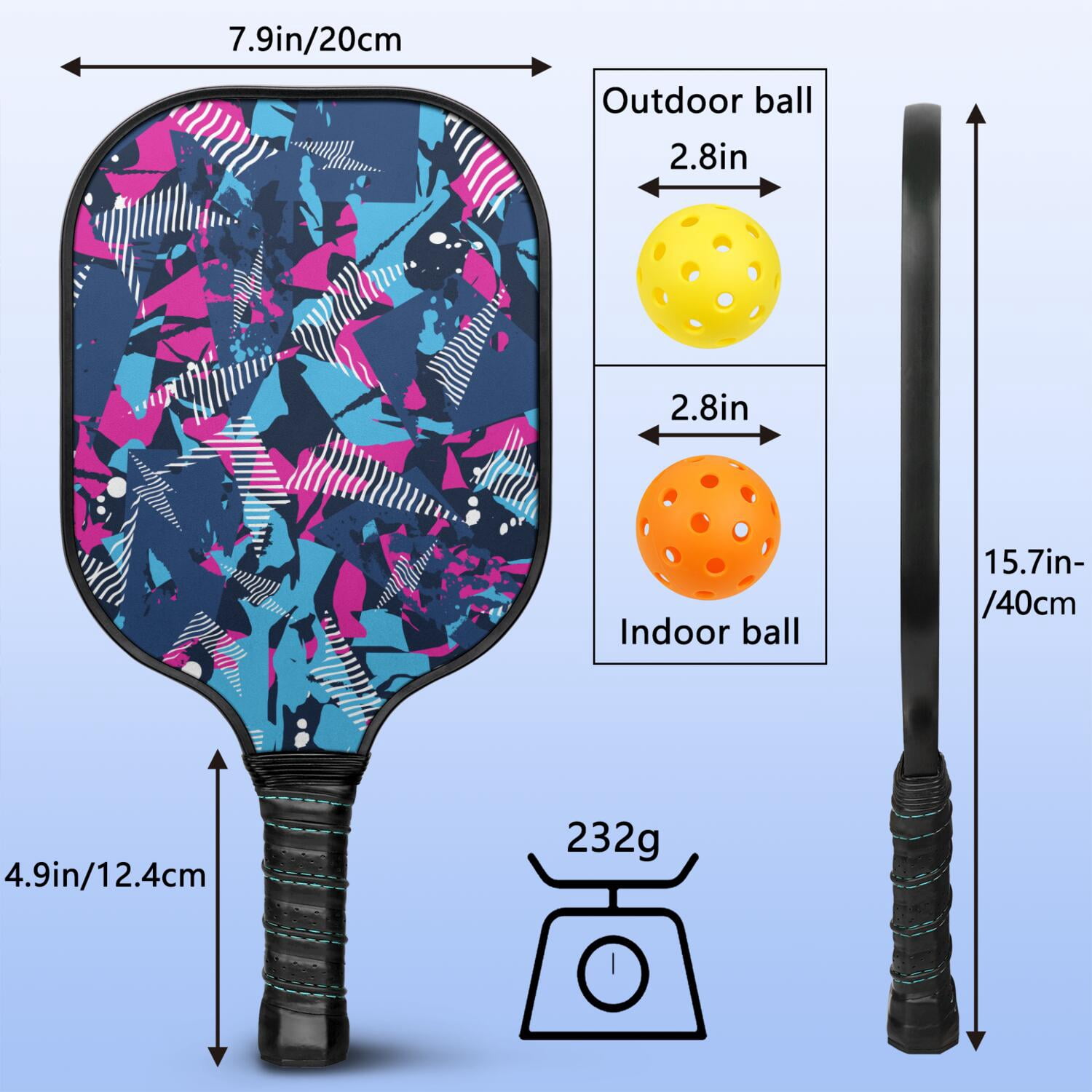 Pickleball Paddles Set Of 2, Fiberglass Surface, Colorful Geometry Print, 4 Balls & Bag
