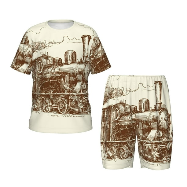 Fotbe Train Pijama Estampada de 2 Piezas para Niños – Ropa de Dormir de Manga Corta Cómoda para Niños y Niñas, Camiseta y Shorts de Algodón-Small