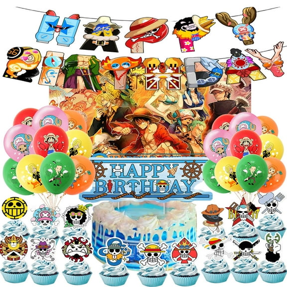 One Piece Cartoon Birthday Party Decorations - Birthday Banner, Balloons, Background, Cupcake Decorations