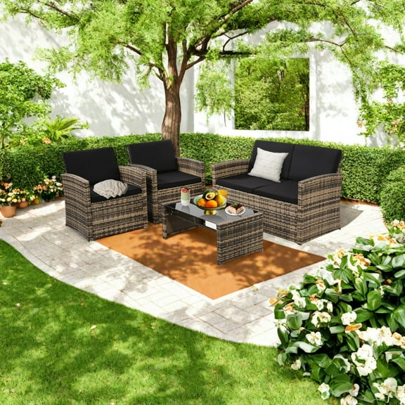 LOGYAT 4 Piece Rattan Patio Conversation Set, Outdoor Sectional Sofa with Cushions, All Weather Wicker Furniture for Garden, Porch, Backyard, Natural Rattan and Black Cushion