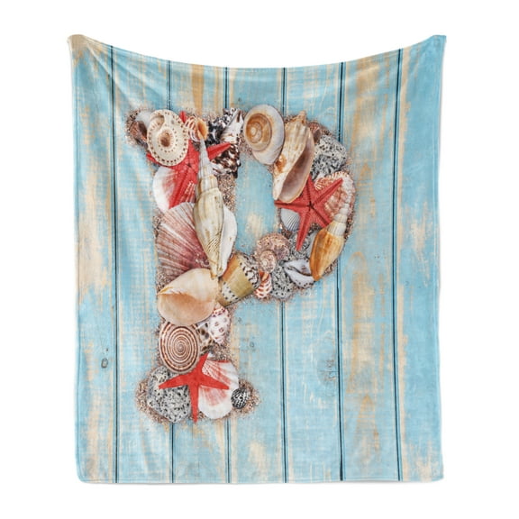 Letter P Soft Flannel Fleece Throw Blanket, P Letter Alphabet with Ocean Elements Pale Blue Wooden Background, Cozy Plush for Indoor and Outdoor Use, 70" x 90", Dark Coral Pale Blue, by Ambesonne