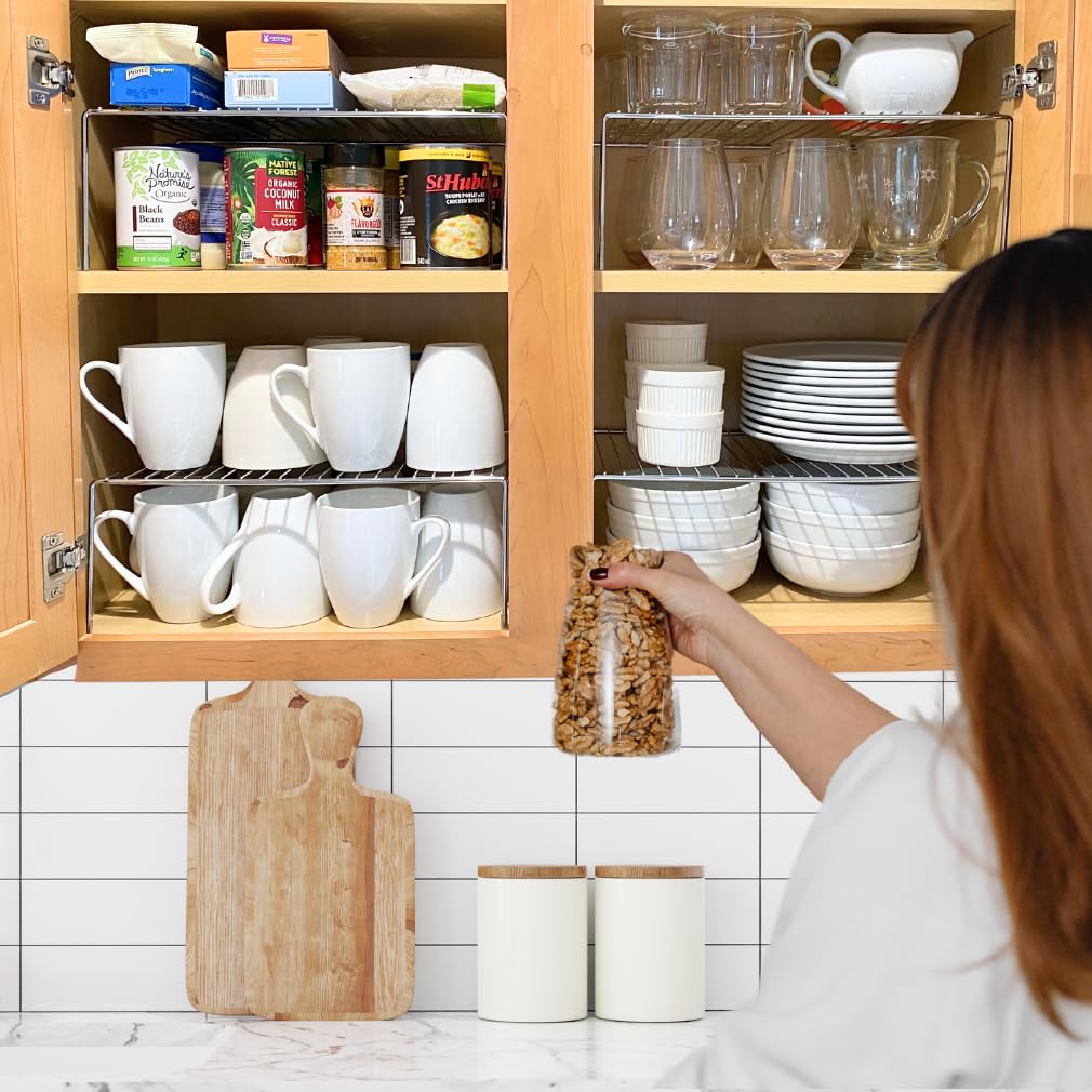 Evelots Kitchen Cabinet Wire Shelf Organizer/Rack - 4 Pack Sturdy Large Metal Shelf Risers - Double Your Counter Space - Great for Kitchen, Freezer, Pantry and Bathroom - Rustproof - Chrome