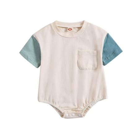

atinetok Children s Clothing Toddler Kids Baby Boys Girls Fashion Cute Short Sleeve Splicing Print Pocket Casual Romper Lightweight Material for Comfort Casual Outings with Friend or Family