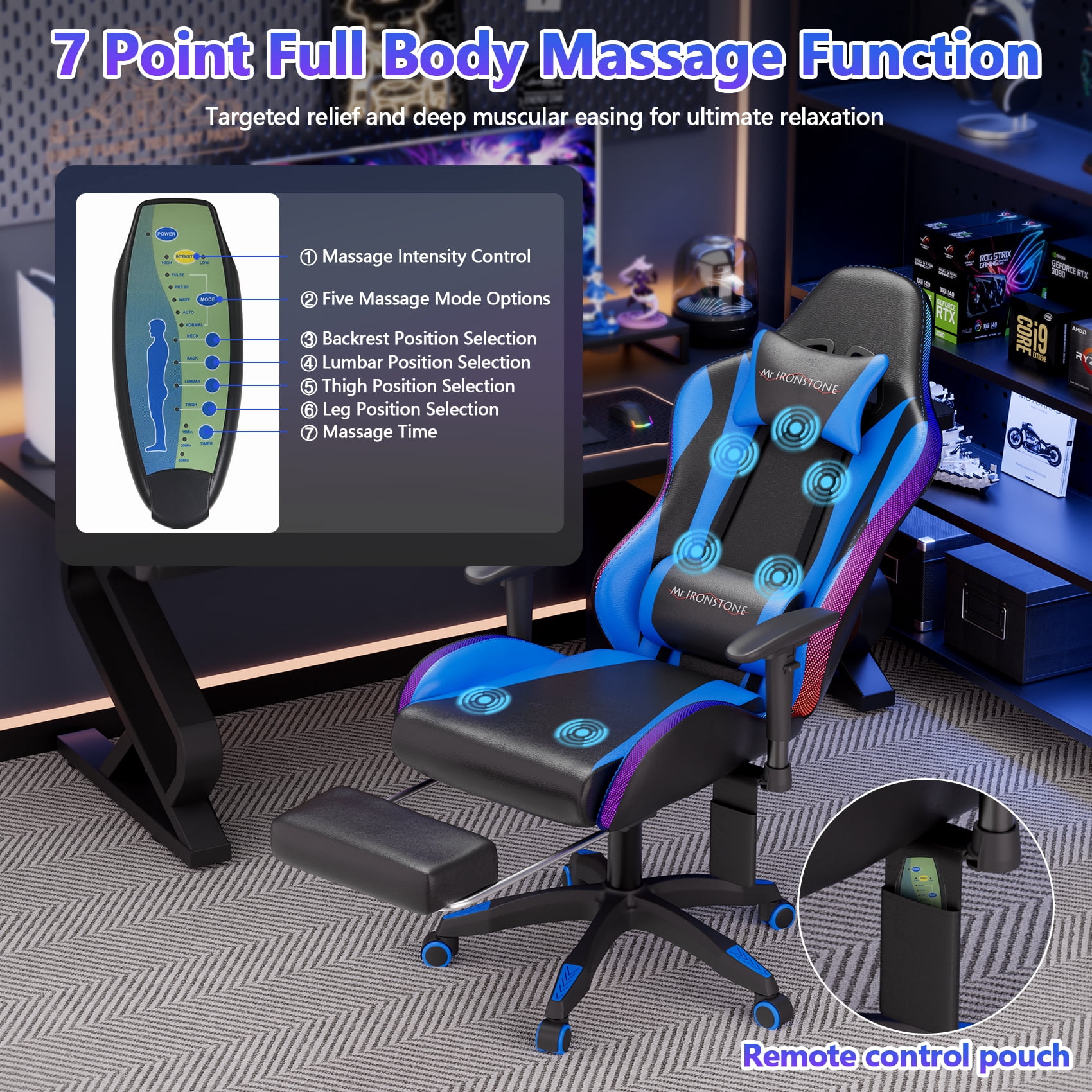 Mr IRONSTONE Gaming Chair for Adults, 7 Point Massage Computer Chair with Bluetooth Speakers RGB, Heavy Duty 400lbs Ergonomic PC Chair with 3D Armrests Footrest, Blue/Black