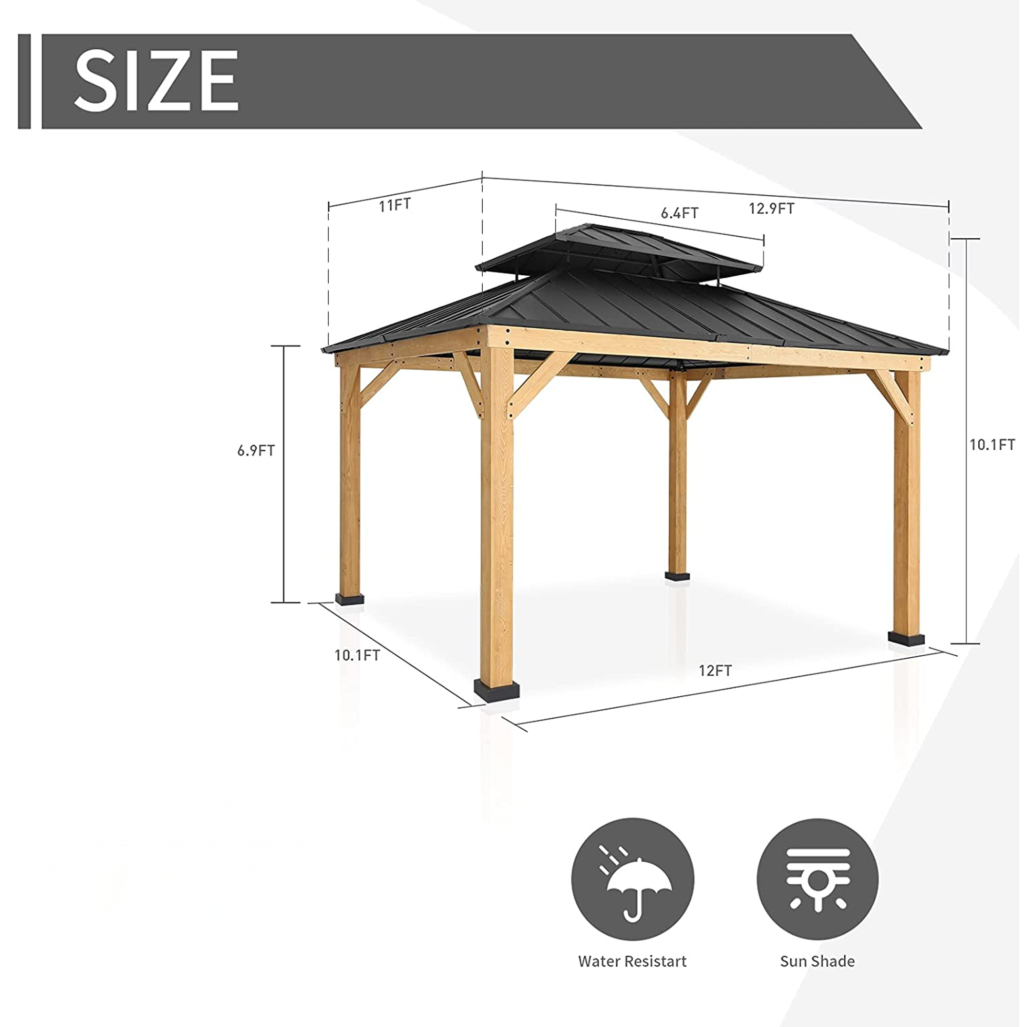 Richryce 13' x 11' Hardtop Wooden Gazebo,Double Roof Patio Gazebo with Cedar Wood Frame & Galvanized Steel Top, All-Weather r for Garden, Patio, Lawns - image 3 of 6