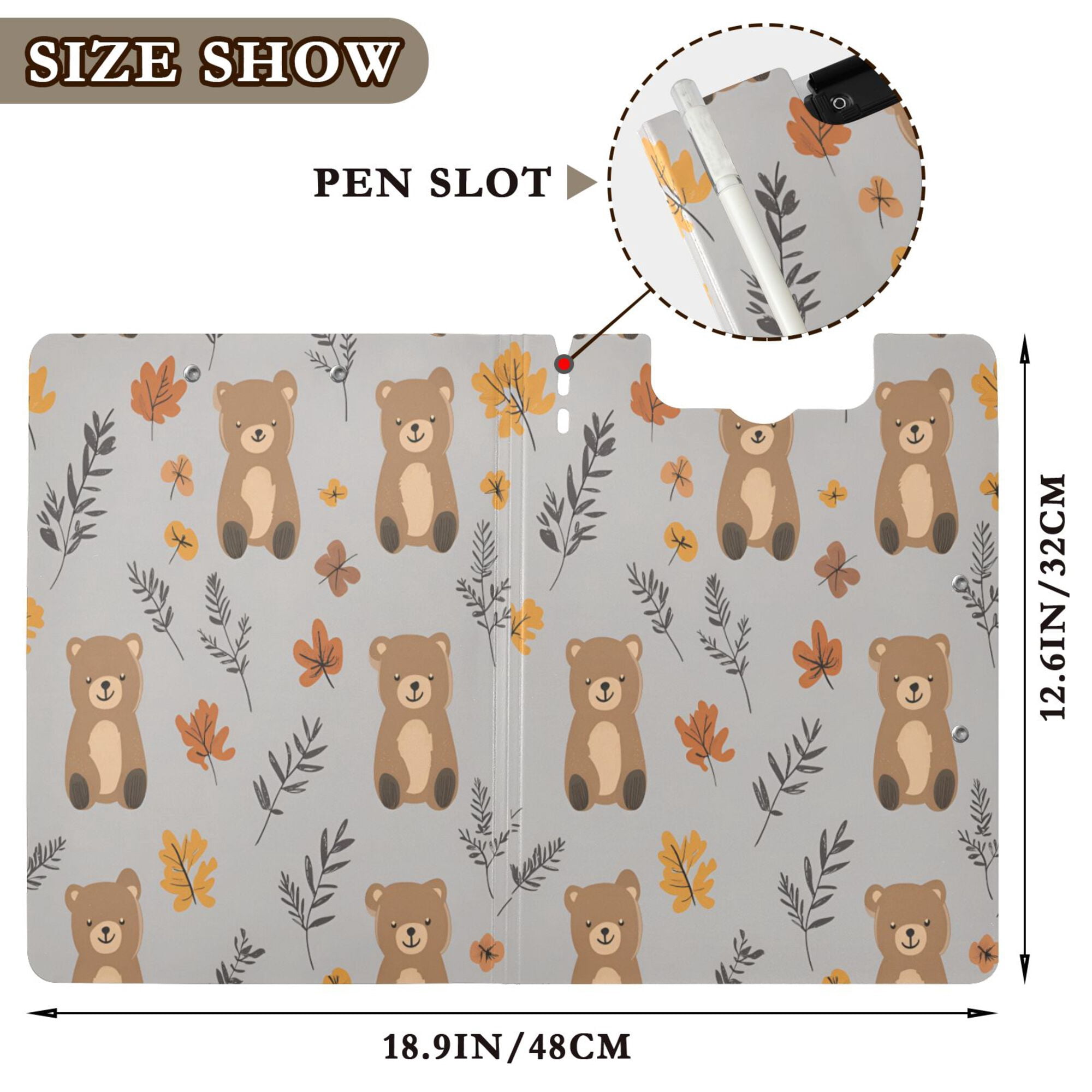 FORMRS A4 Clipboard Folder with Pen Holder Horizontal Foldable School Office Binder, Brown Cartoon Bears