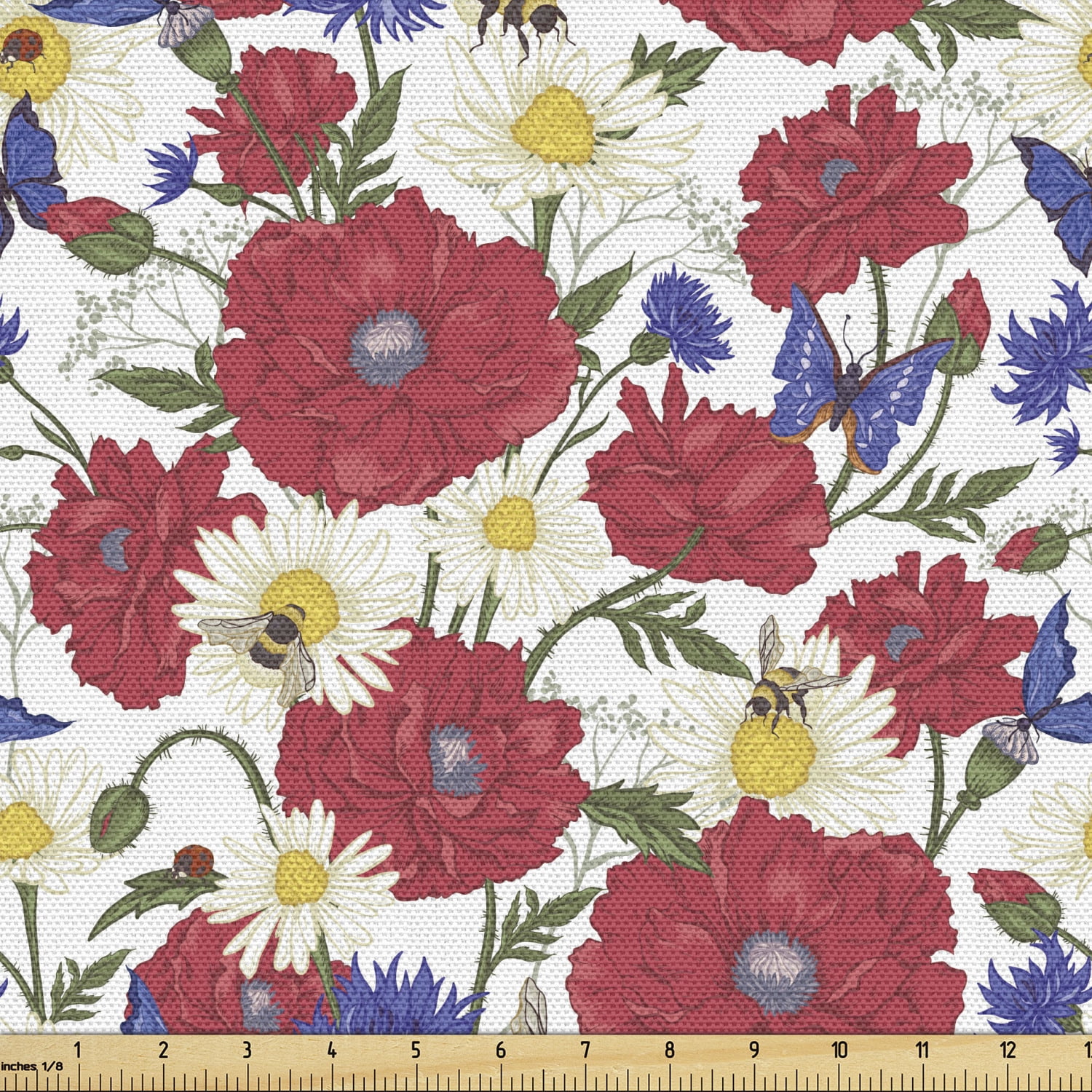 Poppy Flower Fabric by the Yard, Vintage Style Summer Season