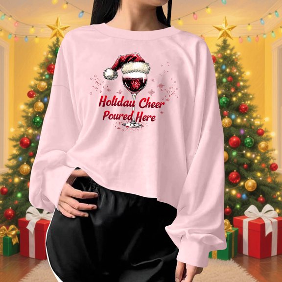 Lopecy-Sta Women's Christmas Holiday Graphic Crop Top Sweatshirt, "Holiday Cheer Poured Here" Loose Casual Crewneck Long Sleeve Pullover Top for Women Pink L