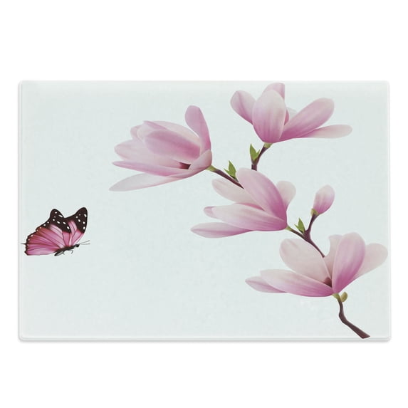 Nature Cutting Board, Blossom Branch of Pink Flowers and Butterflies Fresh Spring Season Image, Decorative Tempered Glass Cutting and Serving Board, Large Size, Pink Maroon Burgundy, by Ambesonne