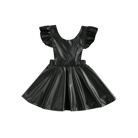 

Toddler Baby Girl Princess Dress PU Leather Dresses Sleeveless Ruffle Overall Camisole Summer Clothes