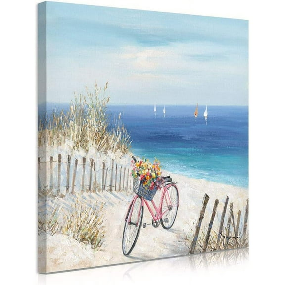 CDDposter Bicycle Wall Art Beach Canvas Wall Art Bicycle Canvas Art Wall Decor Wall Art Bike Seaside Bicycle and Flower Canvas Print for Living Room Bathroom Bedroom (bicycle, 24"x24"x1panel)