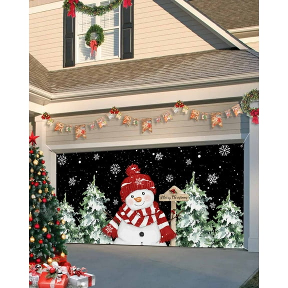 Garage Door Banner Cover 7 x 16 ft, Merry Christmas Red Snowman Xmas Tree Snowflake Black Christmas Garage Door Decorations Holiday Christmas Backdrop Decor for Winter New Year Xmas Party