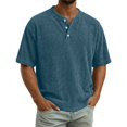 thumbnail image 2 of Domuza Men's Corduroy Henley Shirts Casual Short Sleeve Button-Up Solid Tops 2026 New Fashion Comfy Soft Loose Fit T Shirts Dark Blue 3XL, 2 of 4