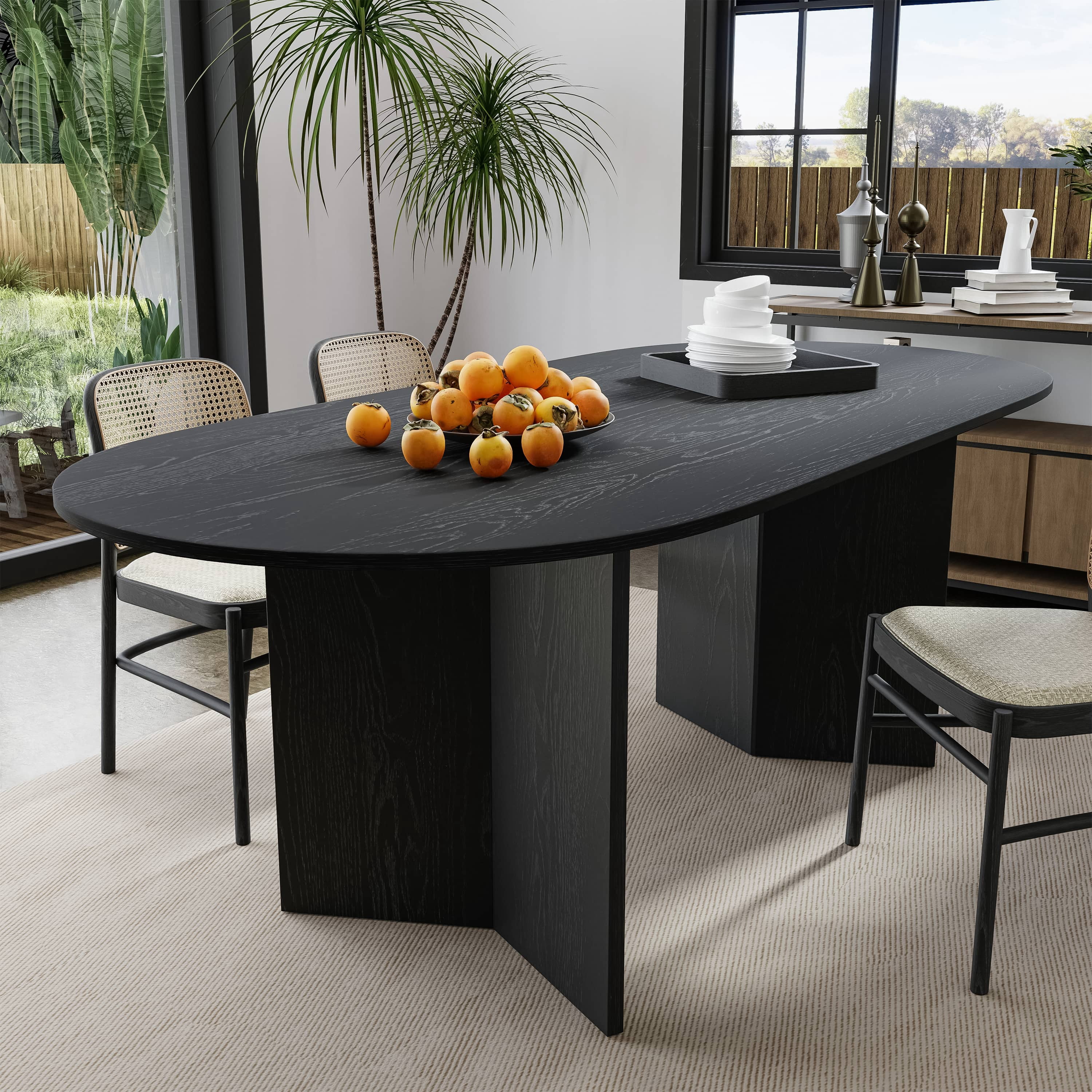 MAYEERTY 67" Rustic Dining Table Mid-Century Oval Wood Kitchen Table for 6 People, Black