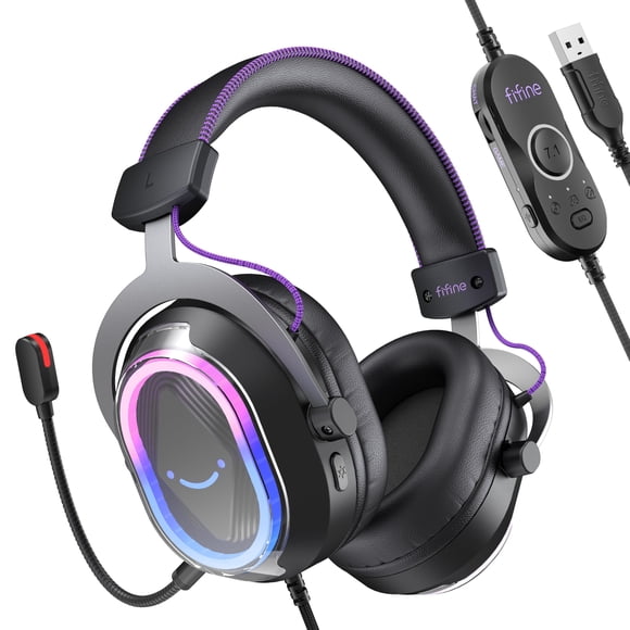 FIFINE Casque de Jeu Filaire USB : Son Surround 7.1 - RVB Vibrant et Personnalisable - Équilibre Jeu/chat, Casque Gamer avec Micro à Réduction de Bruit pour PC,