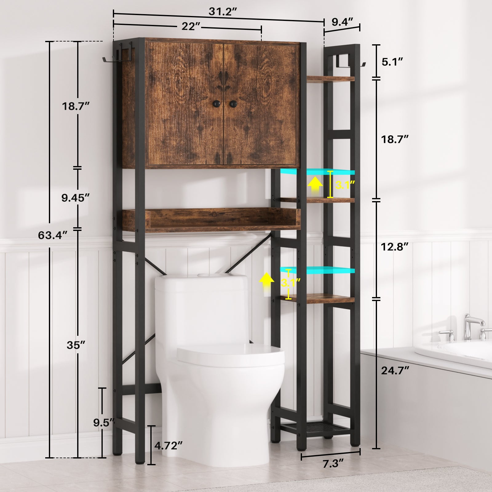 Over The Toilet Storage Cabinet with Doors, Homieasy 7 Tier Bathroom Organizer with Adjustable Shelf and 4 Hooks, Space Saving Rack for Bathroom, Restroom, Laundry