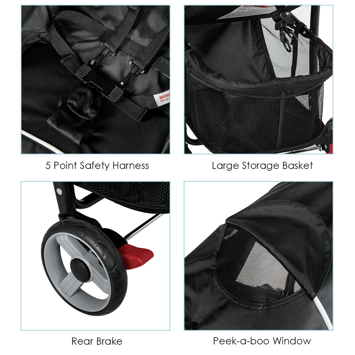 Costway Lightweight Baby Stroller with 5-Point Harness, Black photo 8