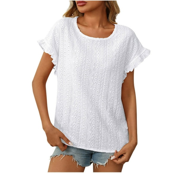 Staron Clearance Womens Loose Summer Tops Spring Solid Crew Neck Blouses Basic Trendy Clothes Spring Summer Shirts Ruffle Short Sleeve Eyelet Tops White S