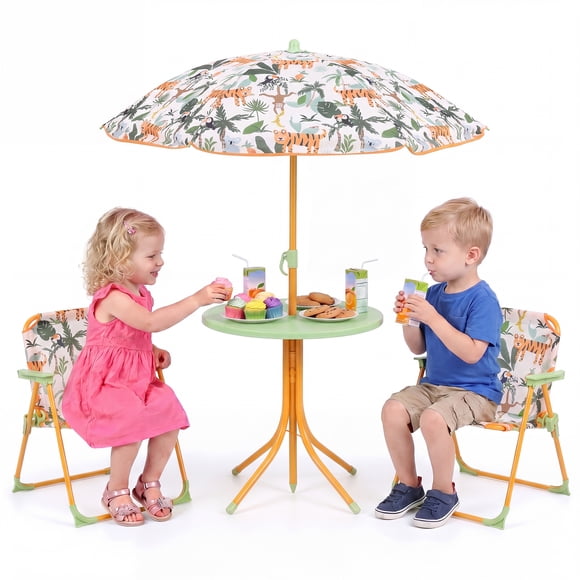 Gymax Kids Picnic Table Outdoor Table&Chair Set 2 Folding Chairs&Adjustable Umbrella Yellow & Green