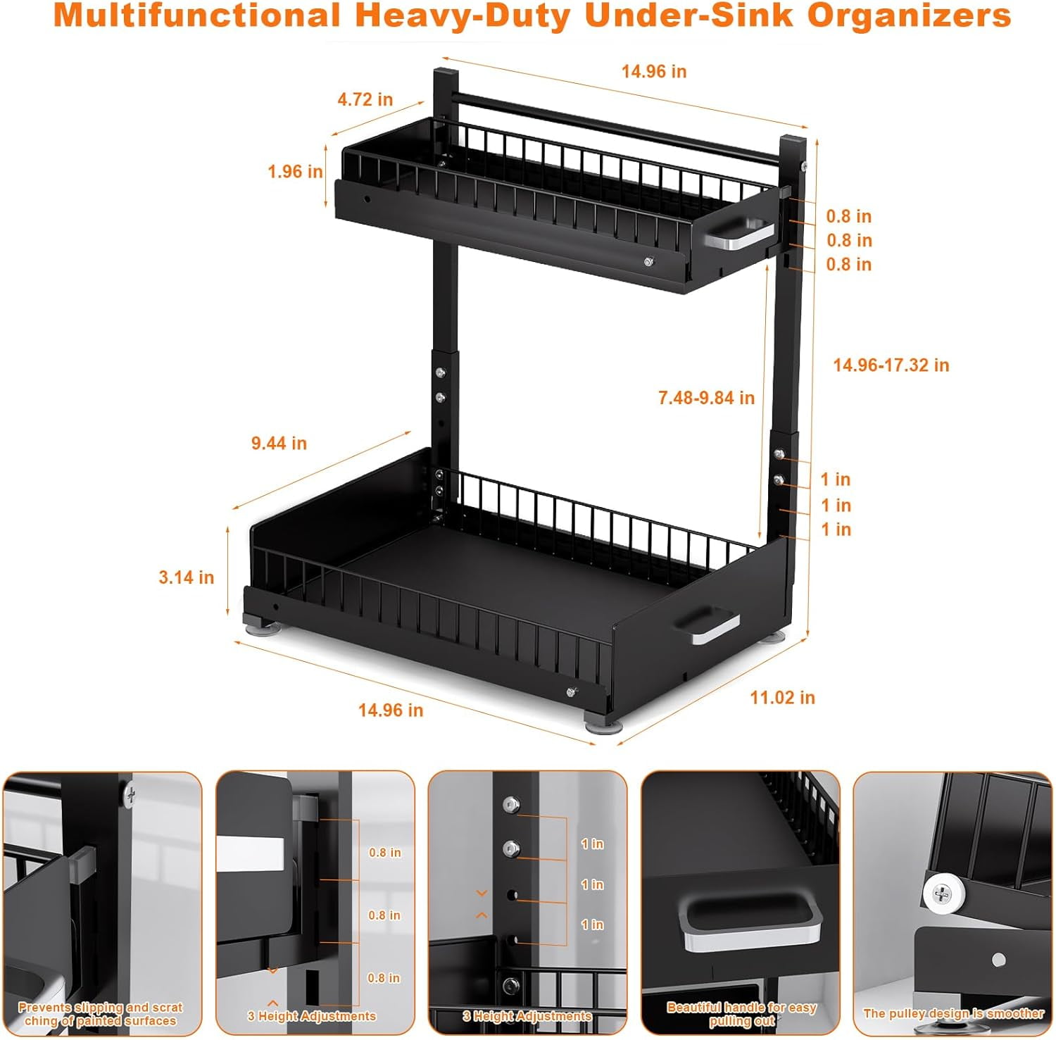 2 Pack Under Sink Organizer, 2 Tier Slide Out Cabinet Organizer with Pulley, Height Adjustable Pull Out Shelf for Kitchen, Bathroom, Laundry and Utility Storage, Black