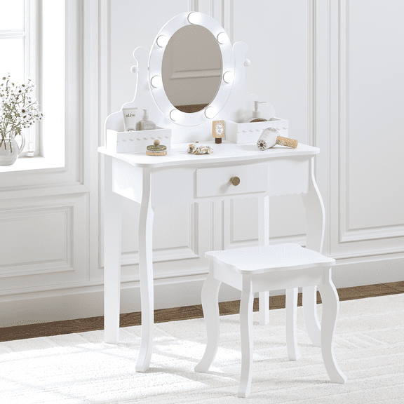 STAROUS Kids Vanity, Girls Vanity Set with Mirror and Stool and Lights, Kids Vanity Table and Chair Set,Wooden Princess Makeup Desk Dressing Table